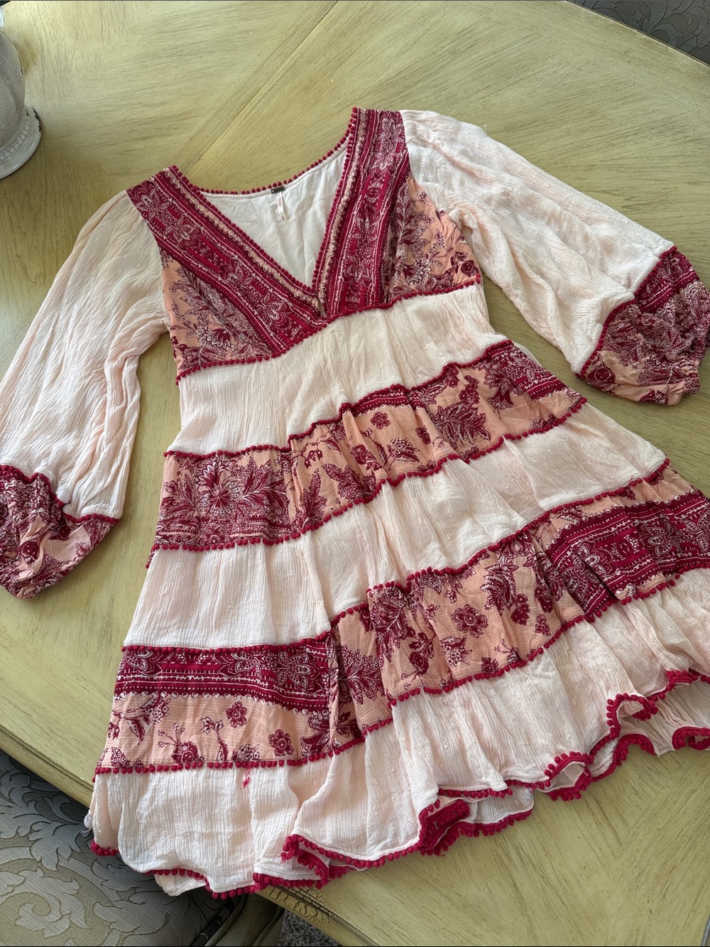 Free People Pink and Berry Embroidered Boho Tiered Dress. Fit Xsmall-Small